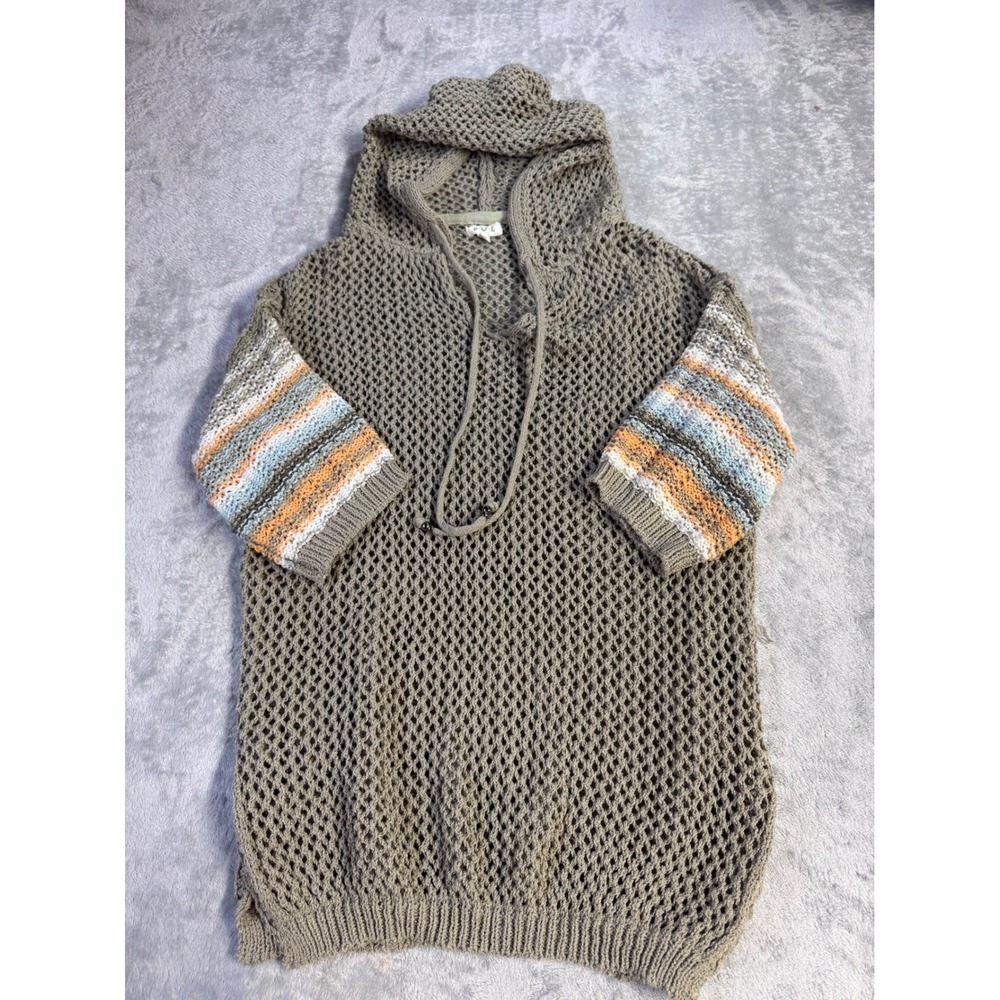 POL Womens Open Knit Crochet Hoodie Sweater Olive Green Striped Sleeve Small